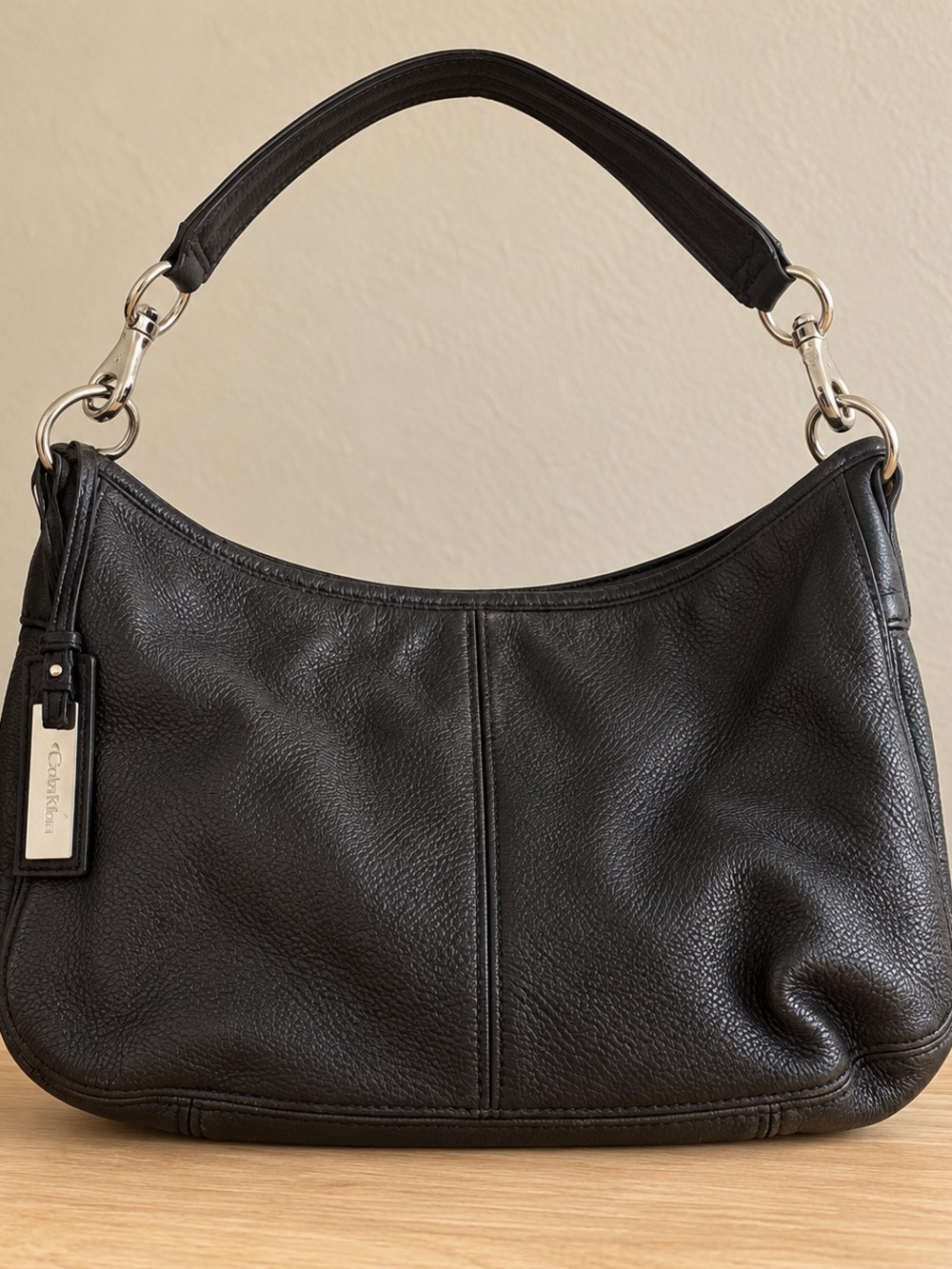 Calvin Klein Black Pebbled Leather Shoulder Bag with Silver Hardware